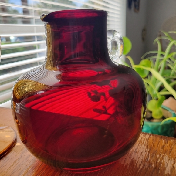 Vintage Dark Cranberry Red Glass vase jug by Emanuel Beranek 1950s Skrdlovice - Picture 5 of 13